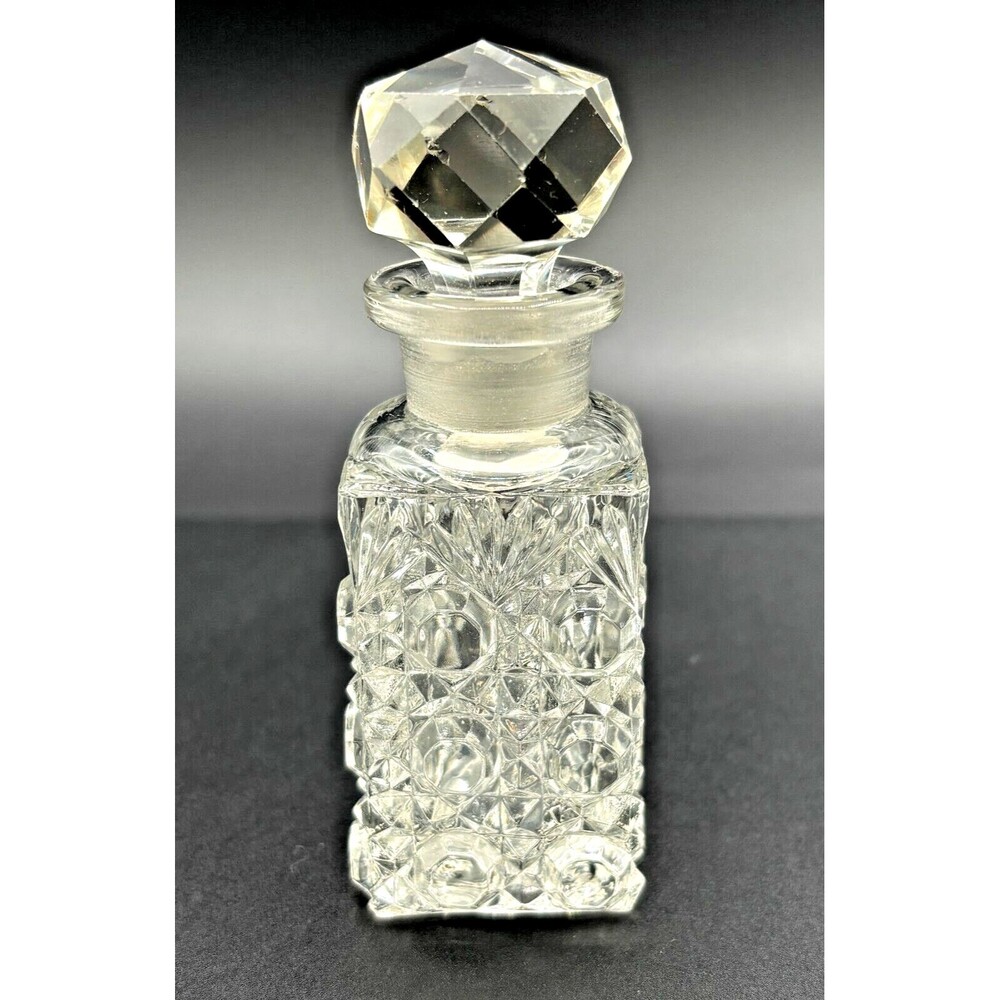 Vintage Perfume Bottle Edwardian Pressed Glass w/ Faceted‎ Stopper Button Shells